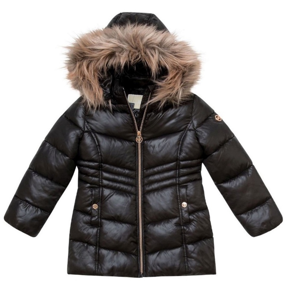MICHAEL Michael Kors Black Puffer Coat with Faux Fur Trim